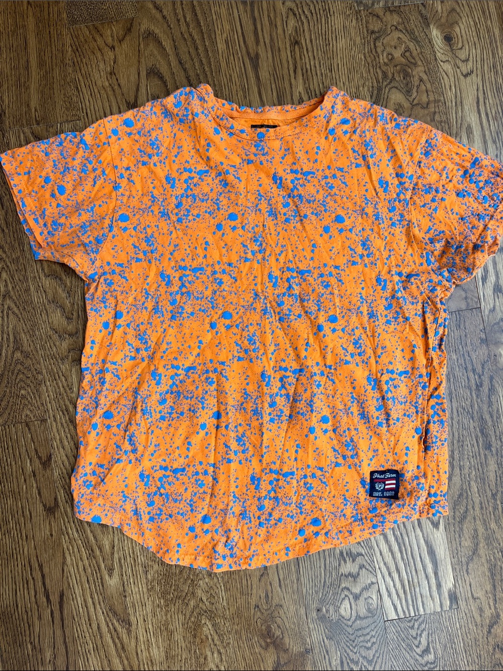 Phat Farm Orange Tee with Blue Paint-Splatter
